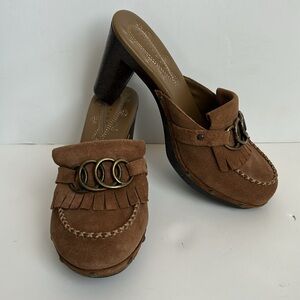 Truflex Kona Brown/Tan High Heel Clogs Mules Boho 70’s Platform Shoes Size 7 NWT